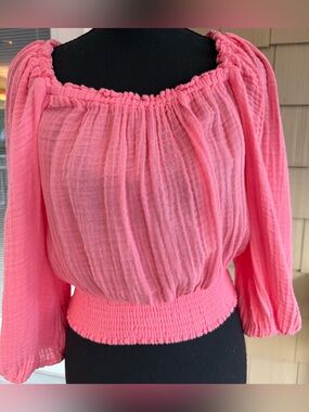 Michael Stars Pink Cotton Gauze Smocked Peasant Top S